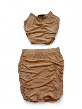 Just Polly Beige Two Piece Clear Straps Runched Tank Top & Runched Mini Skirt